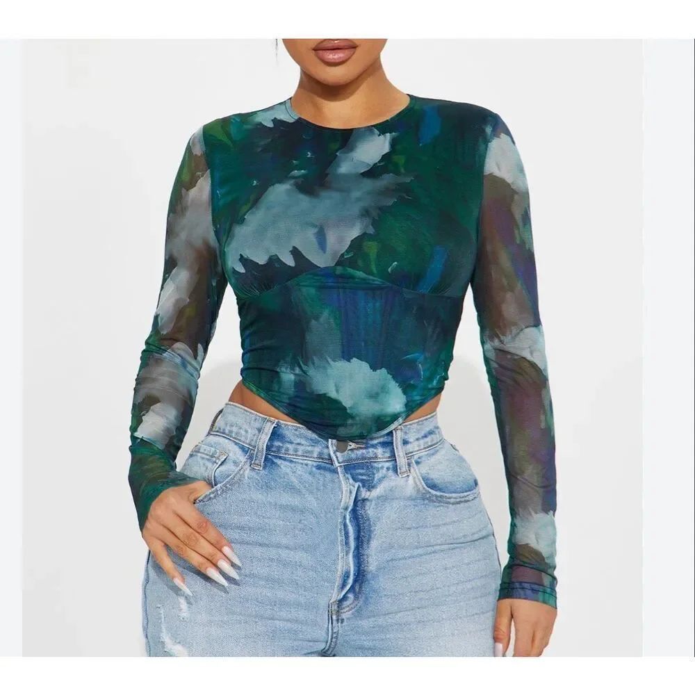 Fashion Nova green floral sheer sleeve corset crop top size large